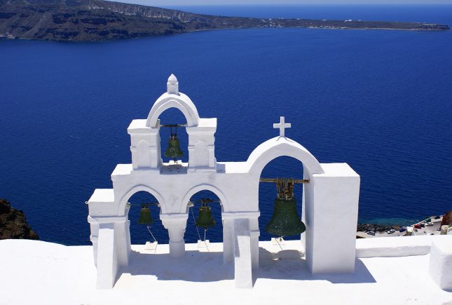 Traditional orthodox church at Thira of Santorini island in Greece